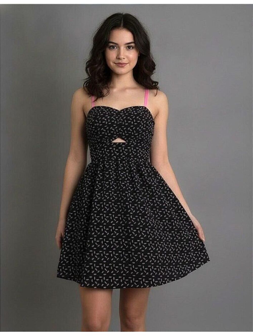 Material Girl Womens Black Pink Y2K Skater Dress Large Strapless Mini Rockabilly